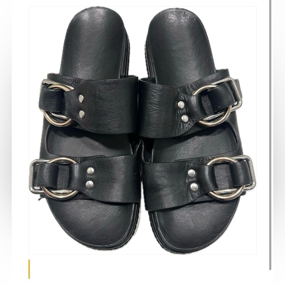 J Slides Baha Sandal Black Leather Gold and Silver Hardware Woman’s Size 7 - Picture 1 of 5